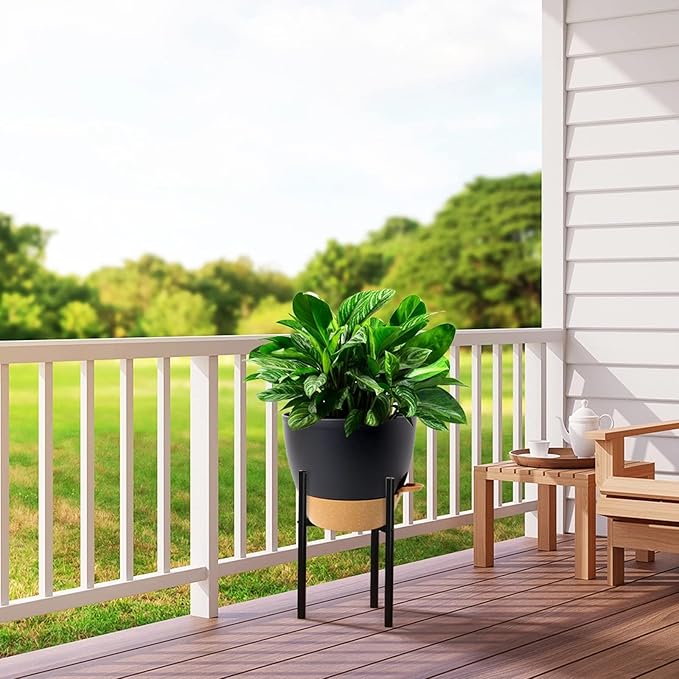 12 inch Large Self Watering Pots, Plastic Planters with 60oZ Removable Deep Reservoir and Multi Mesh Drainage Holes for Indoor Outdoor Garden Plants and Flowers, Black with Brown