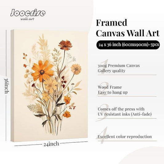 Botanical Floral Wall Art Set of 3 Vintage Wildflower Canvas Wall Decor - Image 2