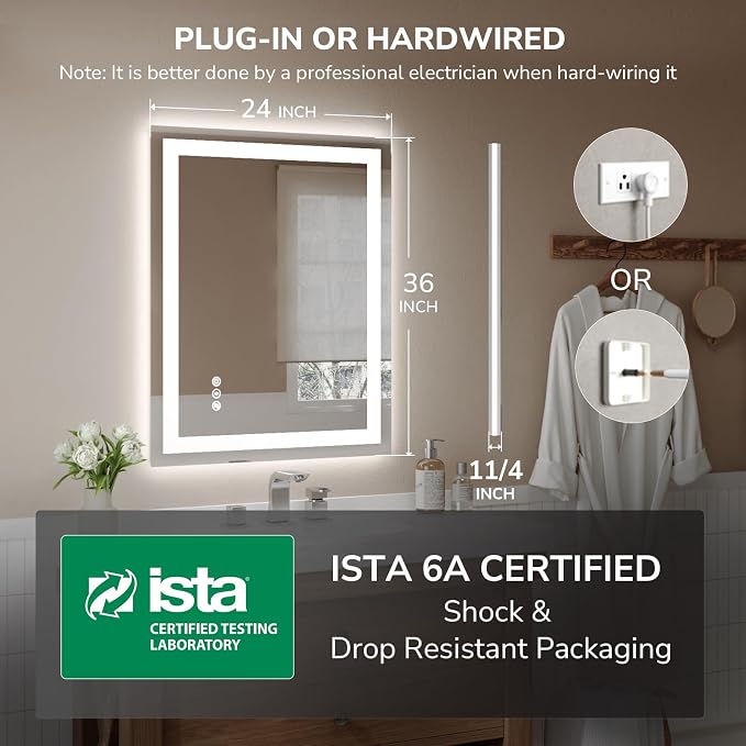 USHOWER LED Bathroom Mirror 24x36 Inch Tempered Glass - Image 7