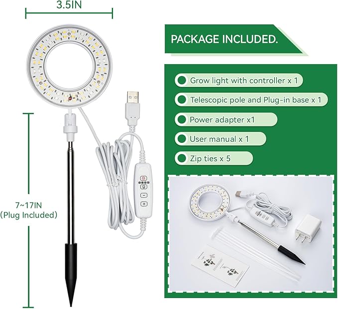 Grow Light for Indoor Plants, Full Spectrum 48LEDs Small Grow Light, Plant Light Super Bright with 4/8/12/18H Auto Timer, Dimmable, Adjustable Height 7"-17", Halo Φ3.5", Power Cord 78", Plug Included