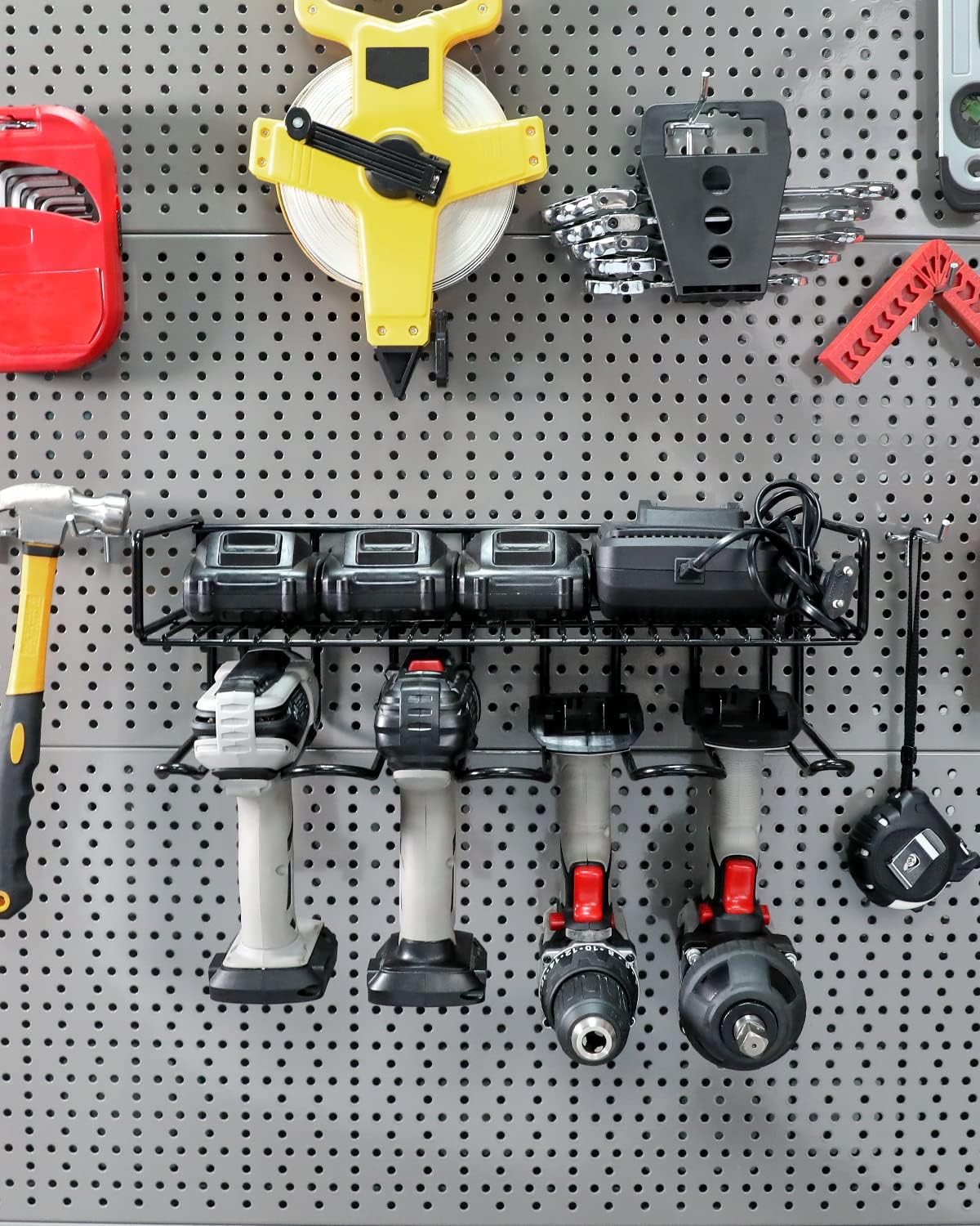 Heavy Duty Tool Organizer, 16"W x 7.48"H x 5.51"D, 4 Wall Mount Anchors, 3.95" Between Slots, Sturdy Steel Construction, Ideal for Power Tools