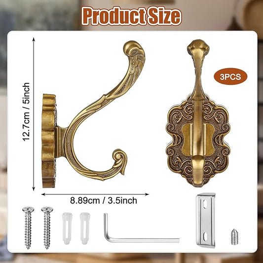 Draupnir 3PCS Coat Hooks Wall Mount, Vintage Decorative Wall Hooks Antique Brass - Image 2