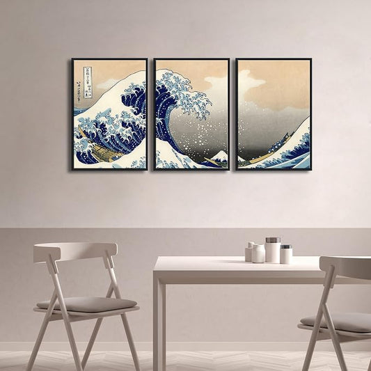 Wieco Art Black Framed Great Wave of Kanagawa Katsushika Hokusai 3 Piece Modern - Image 2