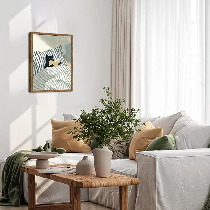 Funny Black Cat Wall Art Painting, Whimsical Cat in Stripe Bed Reading Wall - Image 8