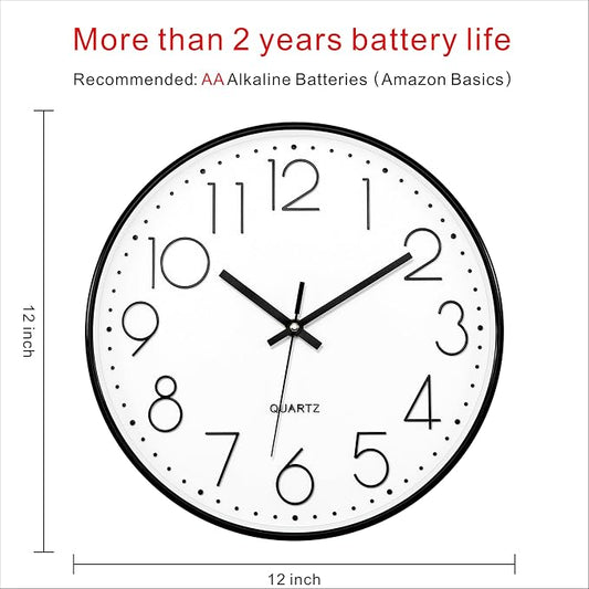 Foxtop Black Wall Clock 12 Inch Silent Non Ticking Quartz Battery Operated - Image 2