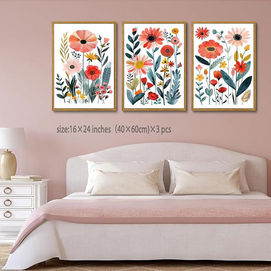 KISSFOX Framed Colorful Wildflower Canvas Wall Art Set Of 3 Flowers Pictures - Image 2