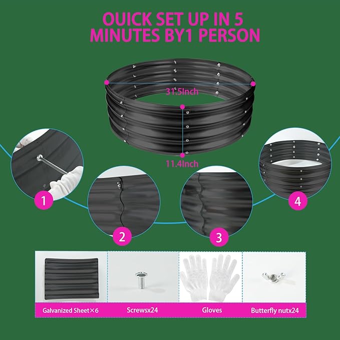 Round Galvanized Steel Fire Ring/Fir Pit for Outdoor/Durable Round Galvanized Steel Raised Garden Bed for Planting-2.67×2.67×1FT,0.8MM Thick (32 ins Diameter x 12 ins high, Black)