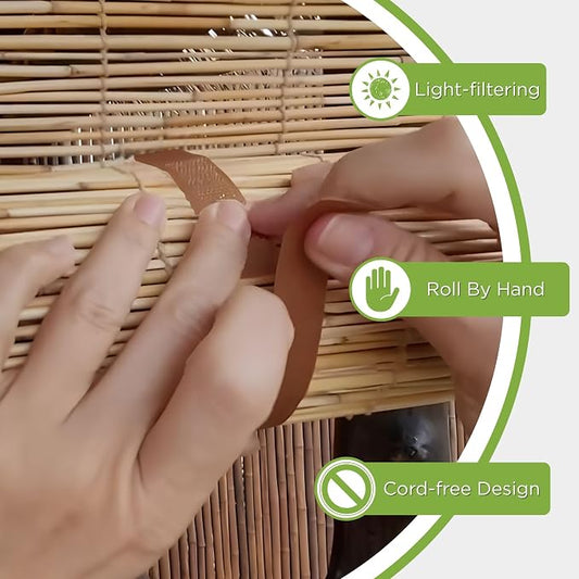 Bamboo Reed Cordless Light-Filtering Shades, Manual Roll-Up Roman Blinds Bamboo - Image 2