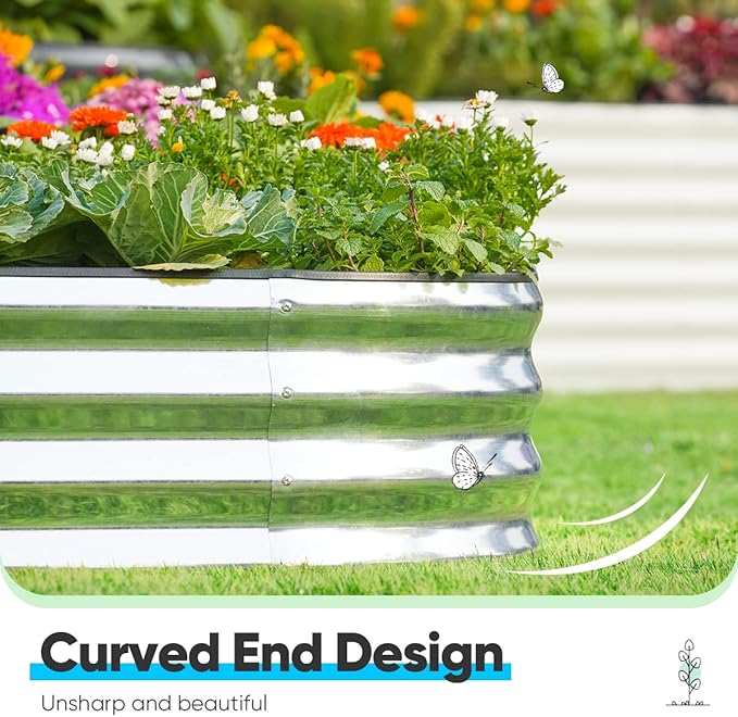 Quictent Galvanized Raised Garden Bed Kit, 8x4x1 ft Oval Metal Planter Box for Vegetables, Rubber Strip Edging Included (Silver)