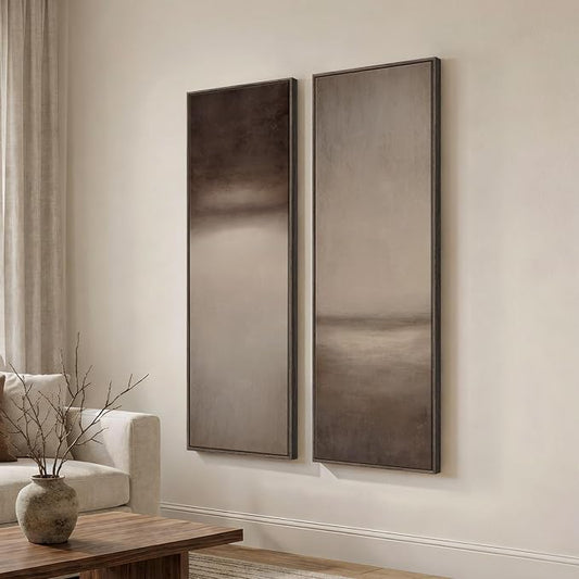 Long Narrow Framed Brown and Beige Neutral Abstract Vertical Wall Art, - Image 2