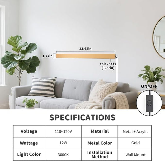 KELUOLY Modern Plug in Wall Sconces, 23.6 inch Frosted Gold LED Long Wall Lights - Image 2