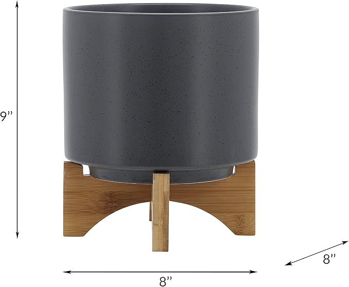 Sagebook Home 8" Ceramic Planter, Matte Gray Planter, Indoor/Outdoor Planter on Wooden Stand - Use for Succulent Pot, Plants, Flowers and More