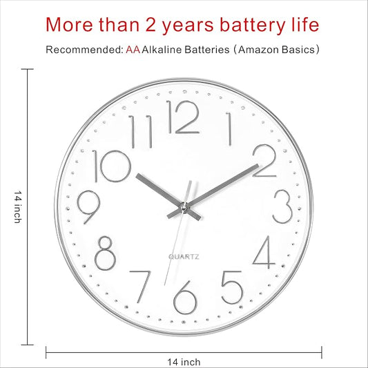 Foxtop Large Silver Wall Clock 14 Inch Silent Non-Ticking Battery Operated - Image 2