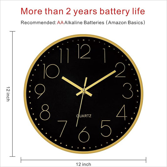 Foxtop Black Gold Wall Clock 12 Inch Silent Non-Ticking Battery Operated Round - Image 2