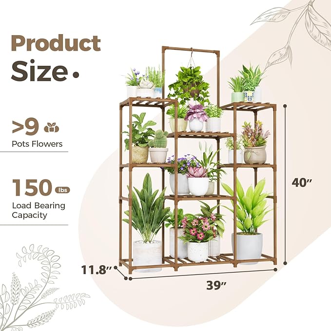 Bamworld Plant Stand Indoor Outdoor Large Plant Shelf Tall Hanging Plant Holder Wood Flower Stand for Window Living Room Garden Balcony Home Decor Flower Patio 3 Tiers