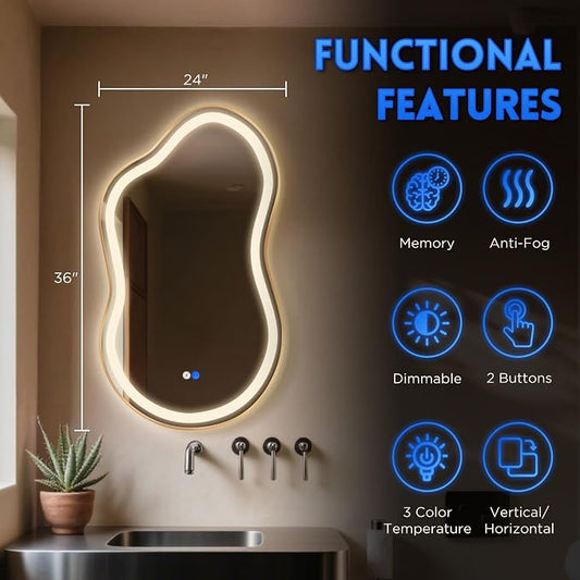 Irregular Led Backlit Bathroom Mirror -24"x36" Single Piece, Asymmetrical Cloud - Image 2