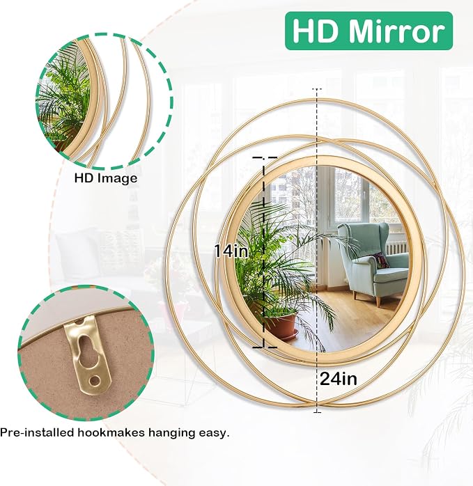 Wall Mirror Mounted Gold Large Round Decorative Mirrors, Circle Metal Art - Image 7