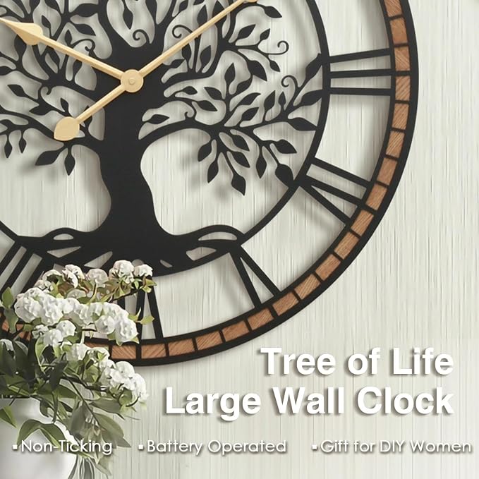 Micasso Vintage Large Wall Clock: 30Inch FarmhouseTree of Life Metal - Image 8