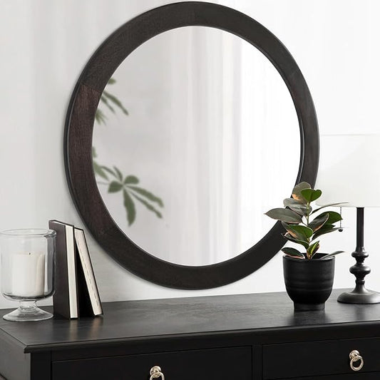 CULER Round Mirrors 30 Inch, Wood Vanity Wall Rustic Mirror - Image 2