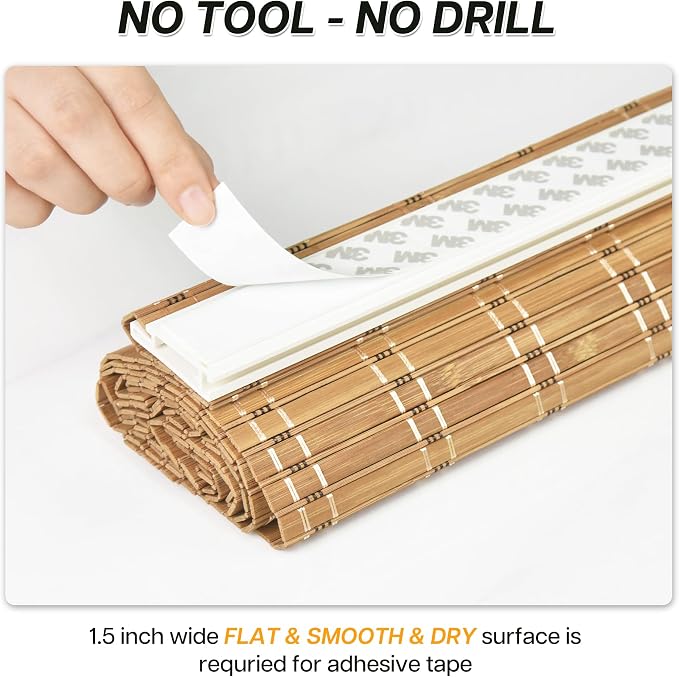 LazBlinds No Tools No Drill Bamboo Roller Shades, Cordless Bamboo Blinds - Image 7