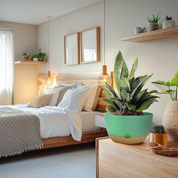 10 Inch Pots for Indoor Plants, Large Self Watering Planters with Drainage and Saucers, Plastic Outdoor Flower Pot, Set of 2, Green