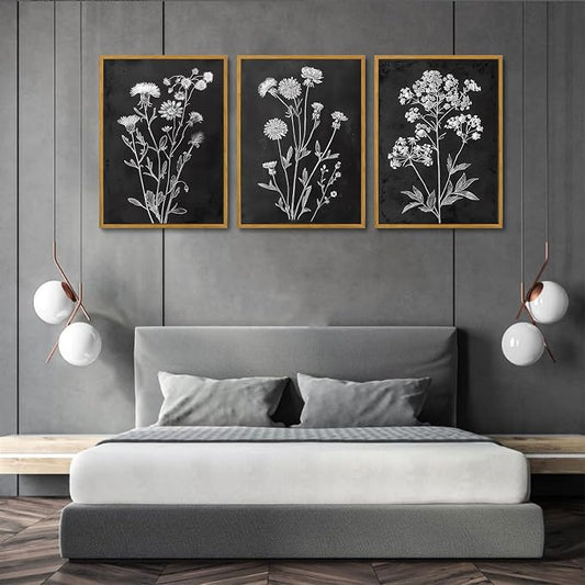 KISSFOX Framed Floral Botanical Canvas Wall Art Vintage Black Background Plant - Image 2