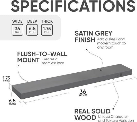 Homeforia 36 inch Gray Floating Shelves, High End Solid Real Wood 36inch - Image 2