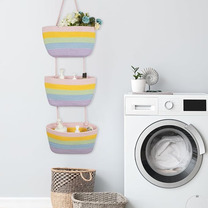 TeoKJ Over the Door Hanging Basket, 3-Tier Woven Cotton Wall-Mounted Storage - Image 8