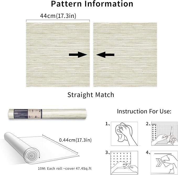 Simon&Siff Cream Textured Grasscloth Peel and Stick Wallpaper 17.7"x394" - Image 8