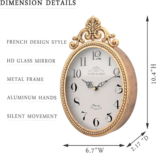 Abdurey Small French Retro Decorative Wall Clock, Antique Gold Vintage Oval - Image 2