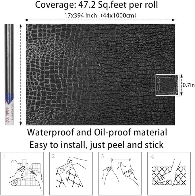 Arthome 17"×393" Black Crocodile Peel and Stick Wallpaper, Charcoal Black - Image 7