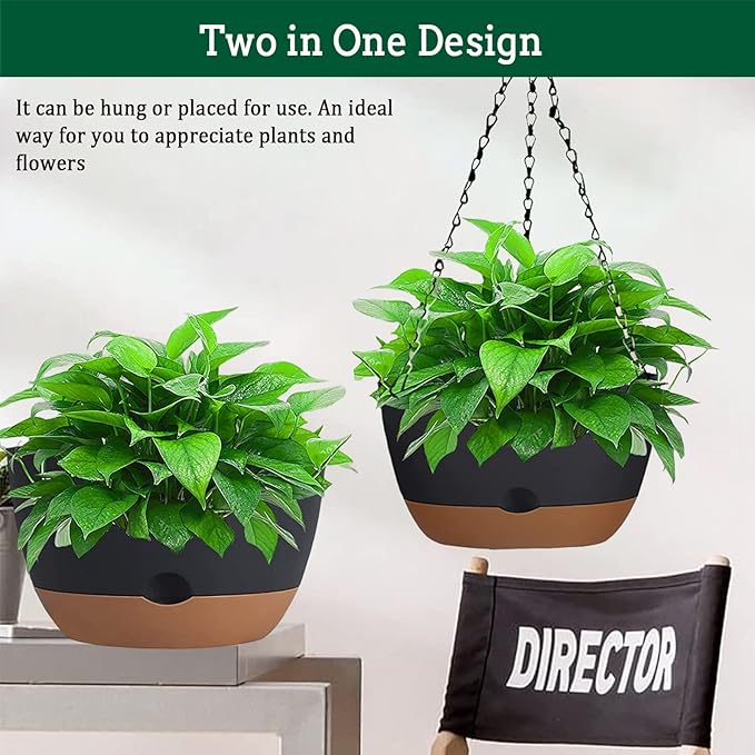 Hanging Planter Self Watering 10 Inch, 2 Pack Indoor Outdoor Hanging Baskets, Hanging Flower Pots with Drainage Hole & 2 Kinds of Plant Hangers for Garden Home Decor(Grey)…