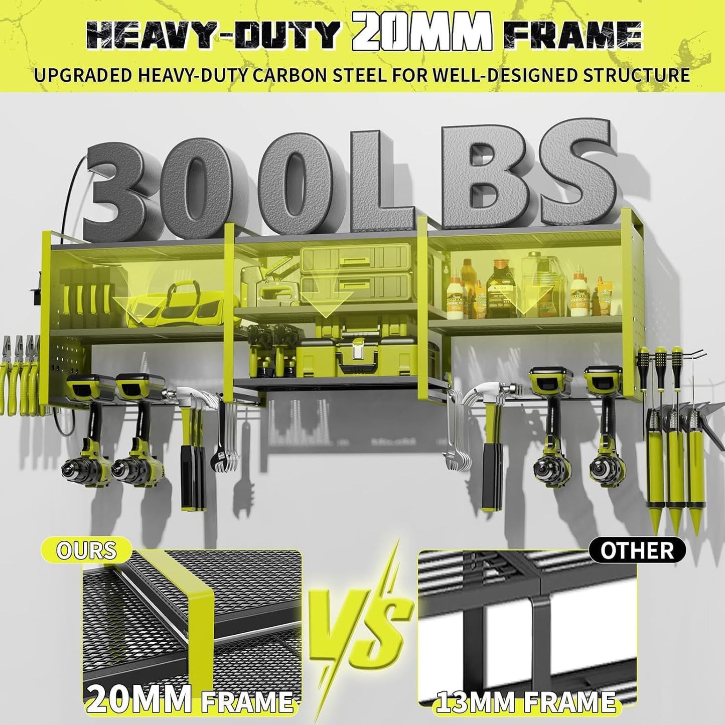 Power Tool Organizer with Charging Station Wall Mount, 3 Layer Expanded Heavy Duty Garage Organization, 48.8 Inch Length Garage Tool Storage, 4 Drill Slot, 16" Standard Hole, Green