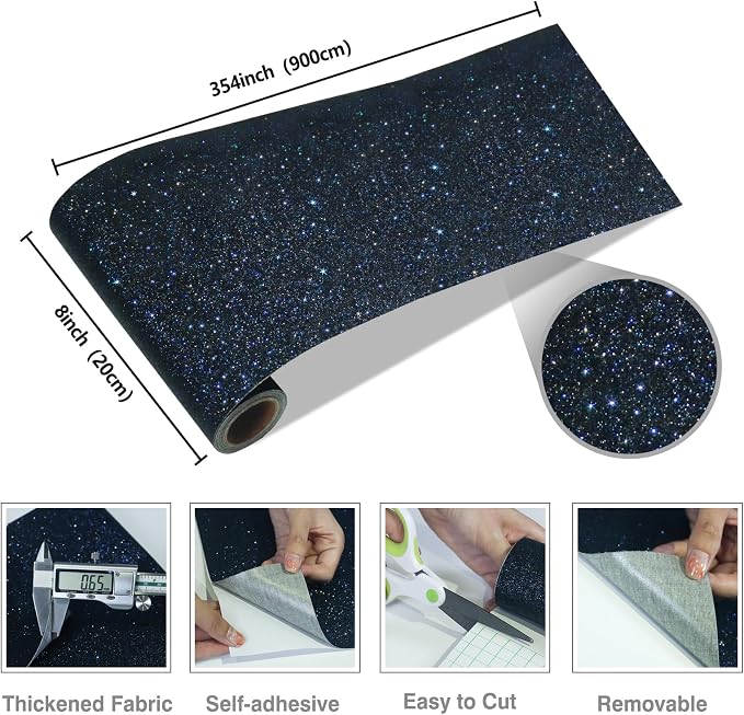 CRE8TIVE Black Blue Glitter Wallpaper Stick and Peel 8"x354" Glitter Wallpaper - Image 9
