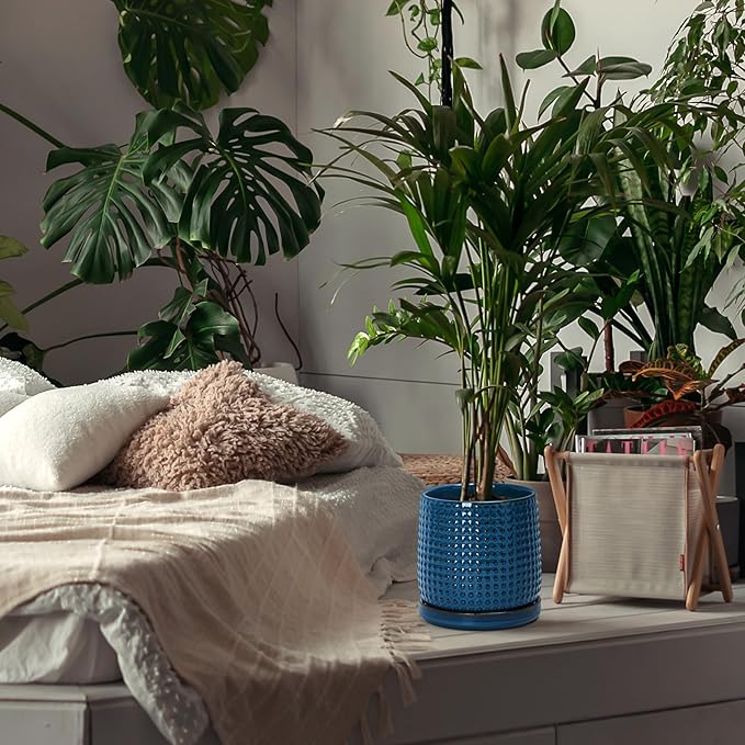 D'vine Dev 6 Inch 4 Inch Ceramic Indoor Planter Pots with Drainage Hole and Saucer, Beaded Design Flower Pots, Set of 2, Blue, 27-D-U-3