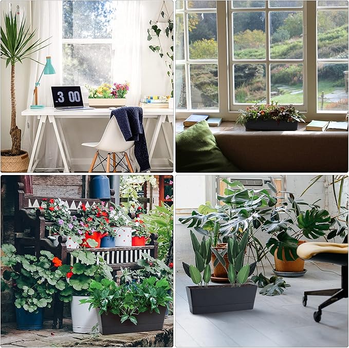 GREANER Window Boxes, 3 Pack 12x3.8 Inch Mixed Color Rectangle Herb Planters with Tray, Indoor Succulent Cactus Plastic Saucer Pot for Windowsill, Balcony, Office, Outdoor Garden (Black, White, Beige)