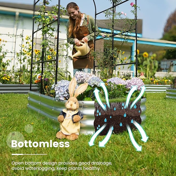 KING BIRD Raised Garden Bed with Arched Trellis Galvanized Planter Garden Box Outdoor for Gardening, Climbing Vegetables, Flowers 5.9x2.95x0.98 Ft, Silver