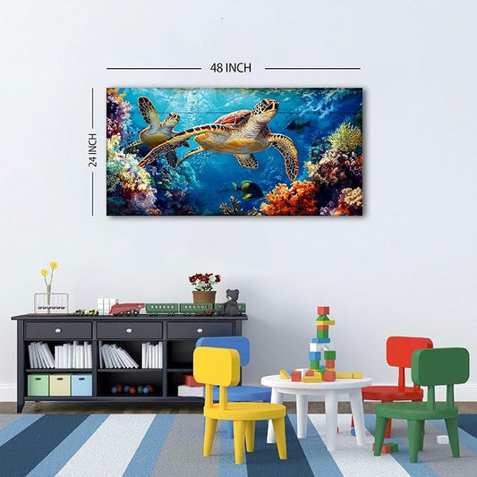 Sea Turtle Wall Art for Living Room Ocean Bathroom Decor Colorful Fish Coral - Image 2