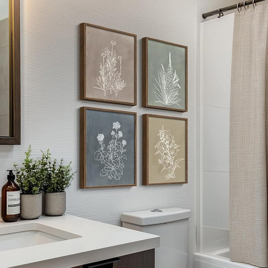 Boho Framed Botanical Wall Art for Bathroom Decor, 4 Piece Rustic Floral Canvas - Image 2