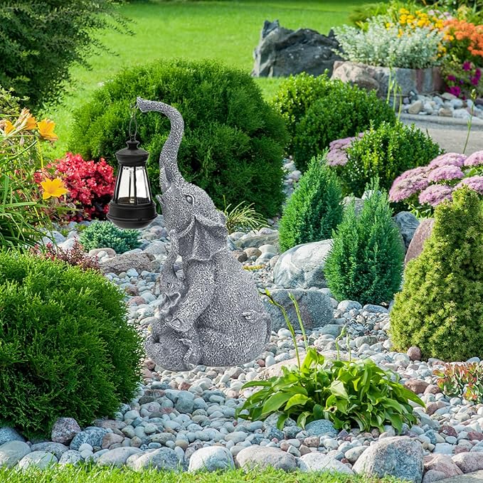 Solar Garden Elephant Statue Outdoor Decor, Cute Elephant Figurines Waterproof Garden Decor with Solar Lantern, Small Elephant Decor for Garden Yard Art Lawn Porch, Garden Gifts for Women (Elephant)