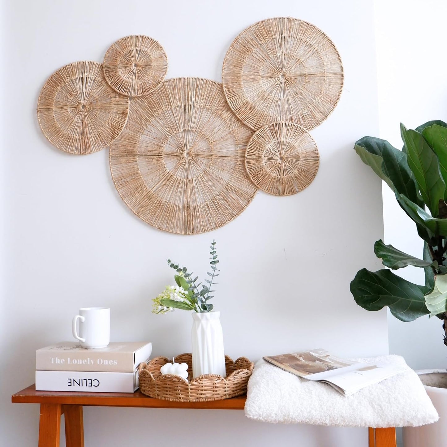 CHI AN HOME 18 Inch Boho Wall Decor โ Set of 5 Woven Jute Wall Baskets, Boho Wall Art & Decorative Basket Set, Farmhouse Wall Hanging, Handwoven Wall Plates for Living Room, Bedroom โ 18", 14", 11", 8", 7"