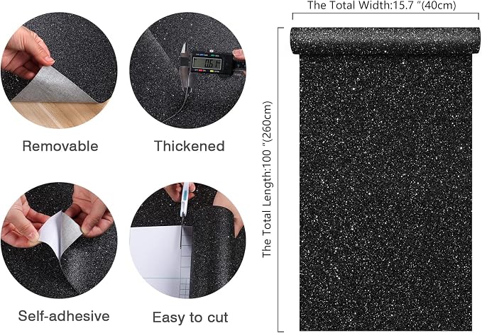 CHIHUT Glitter Black Wallpaper 15.7''x100'' Peel and Stick Wallpaper Self - Image 9