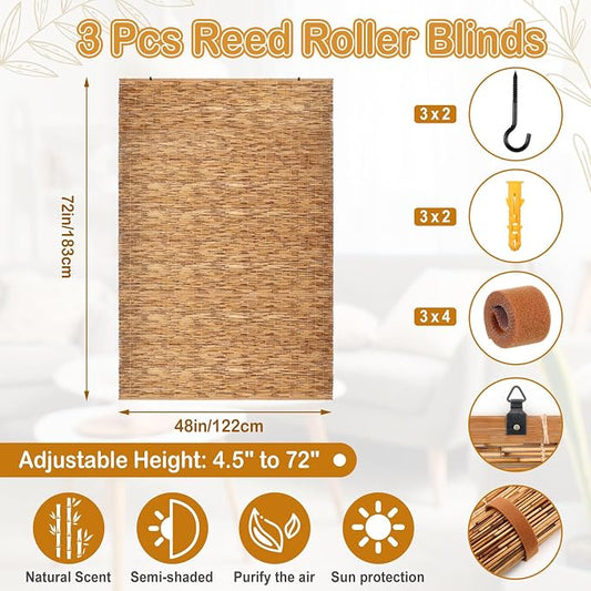 DoubleFill 3 Pcs Bamboo Shades Outdoor Reed Roll Up Blinds 48" W x 72" H - Image 2