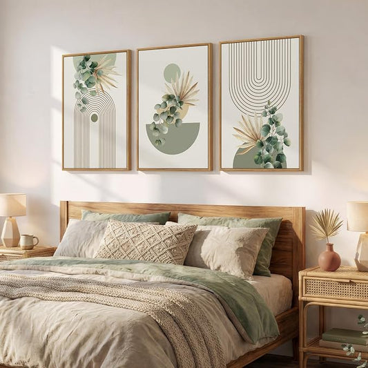 Framed Green Boho Wall Art for Living Room, 3 Piece Bohemian Botanical Canvas - Image 2