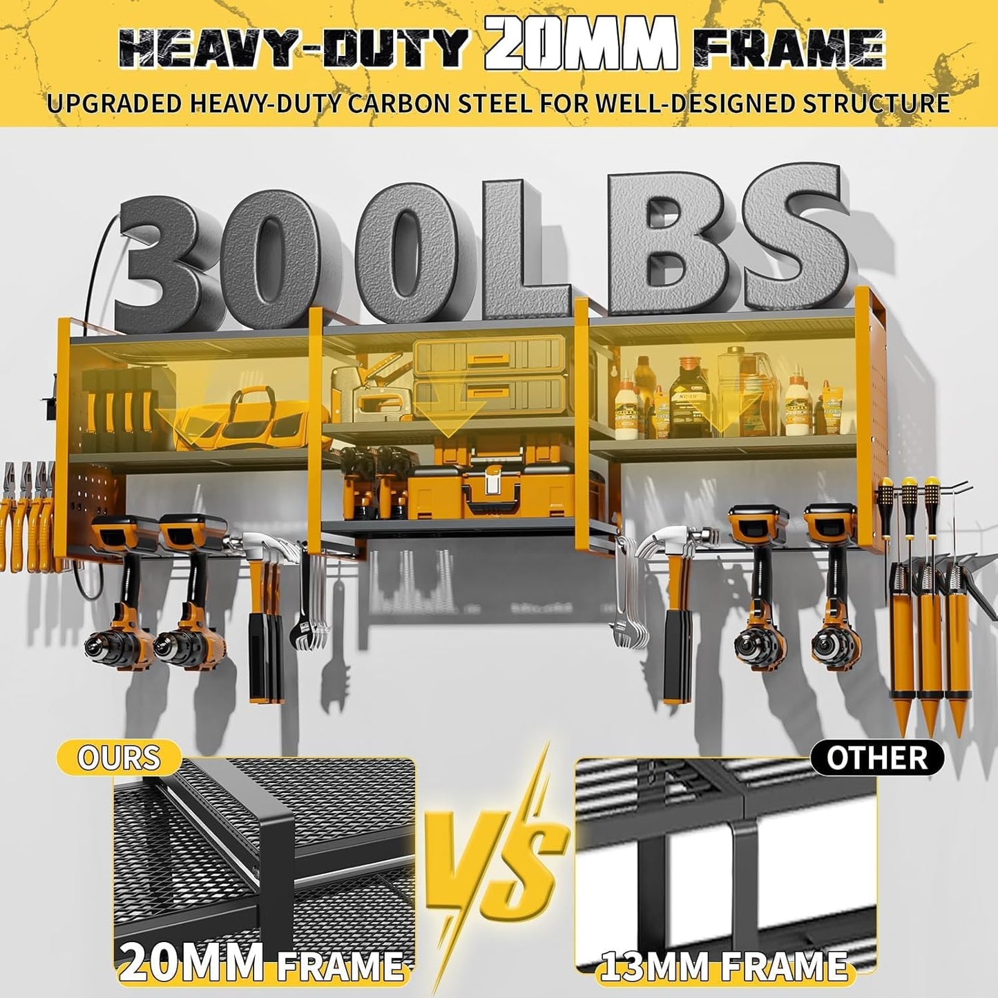 Power Tool Organizer with Charging Station Wall Mount, 3 Layer Expanded Heavy Duty Garage Organization, 48.8 Inch Length Garage Tool Storage, 4 Drill Slot, 16" Standard Hole, Yellow