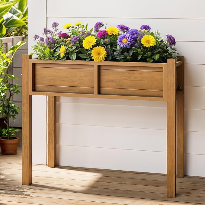 YITAHOME Raised Garden Bed, HIPS Poly Wood Elevated Planter Box with Legs and Drainage Hole, Small Flower Box Stand for Patio Balcony Garden Backyard, Teak
