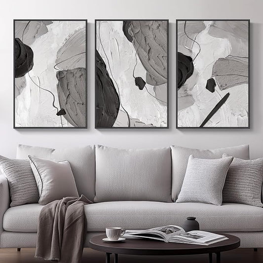 Large Framed Black and White Gray Abstract Wall Art, Minimalist Pictures - Image 2