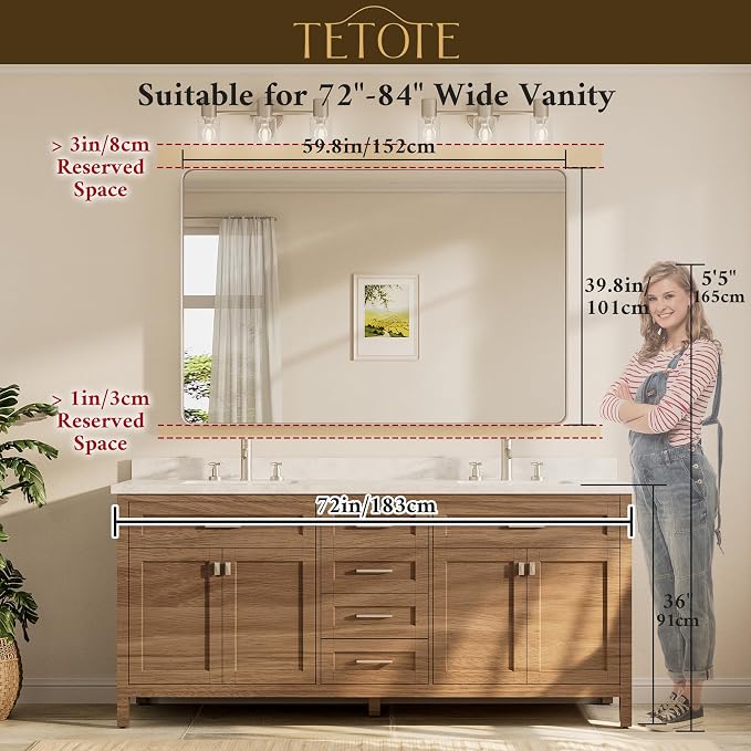 TETOTE 60 x 40 Inch Brushed Gold Frame Mirror, Brass Bathroom Vanity Mirror - Image 8