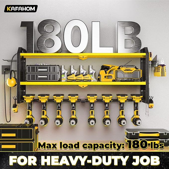 KAFAHOM Power Tool Organizer with Charging Station, Built in 8 Outlet Power Strip,Large 8 Drill Holder Wall Mount, Heavy Duty Metal Power Tool Storage Rack Tool Shelf for Garage Organization Yellow