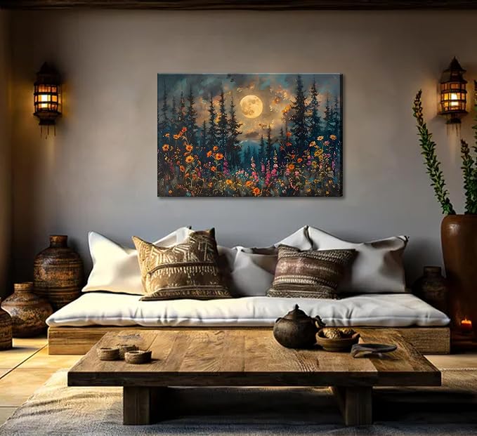 Full Moon Forest Canvas Wall Art Moonlit Pine Tree Mountains and Wildflowers - Image 6